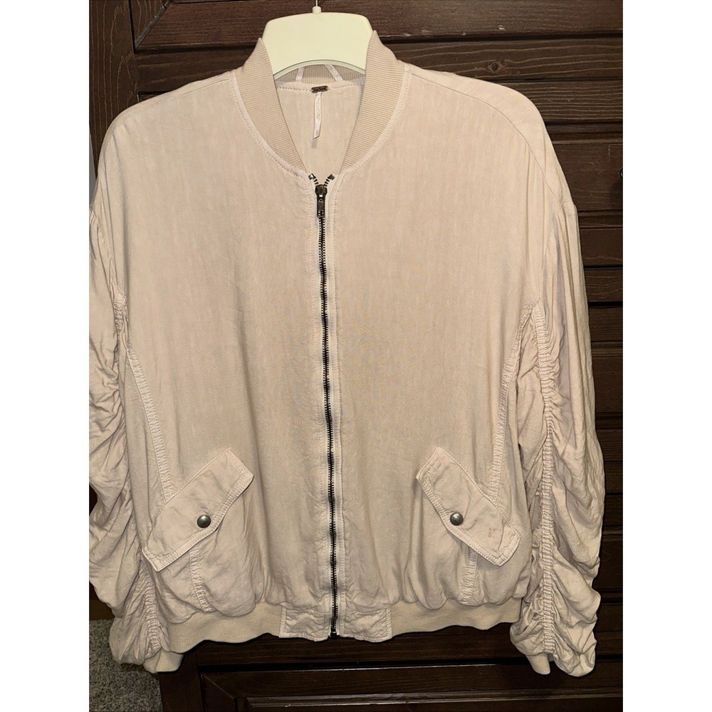 Free People Utility Jacket Long Sleeve Size S Linen Rayon Blend Gathered Blush